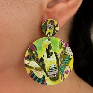 Round African painted wood earrings for women, ethnic style earrings. 3.0 inches